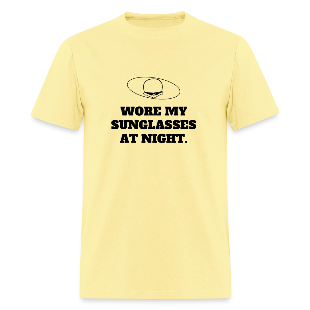 1980s "WORE MY SUNGLASSES AT NIGHT" Pop Progeny T-Shirt (Dark on Light) - cornsilk