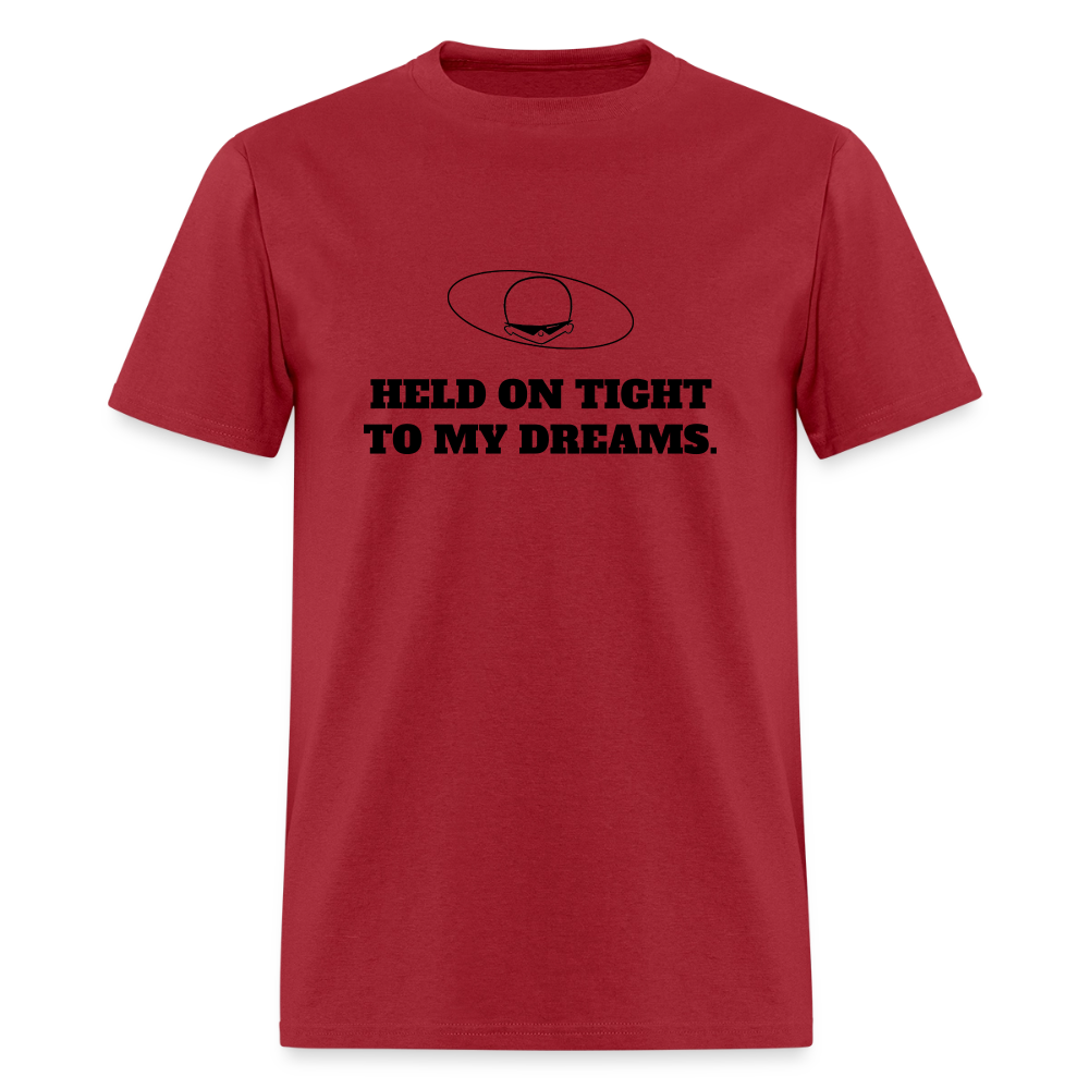 1980s "HELD ON TIGHT TO MY DREAMS." Pop Progeny T-Shirt (Dark on Light) - dark red