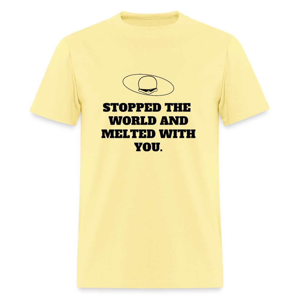 1980s "STOPPED THE WORLD AND MELTED WITH YOU." Pop Progeny T-Shirt (Dark on Light) - cornsilk