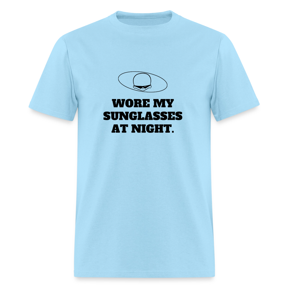 1980s "WORE MY SUNGLASSES AT NIGHT" Pop Progeny T-Shirt (Dark on Light) - powder blue