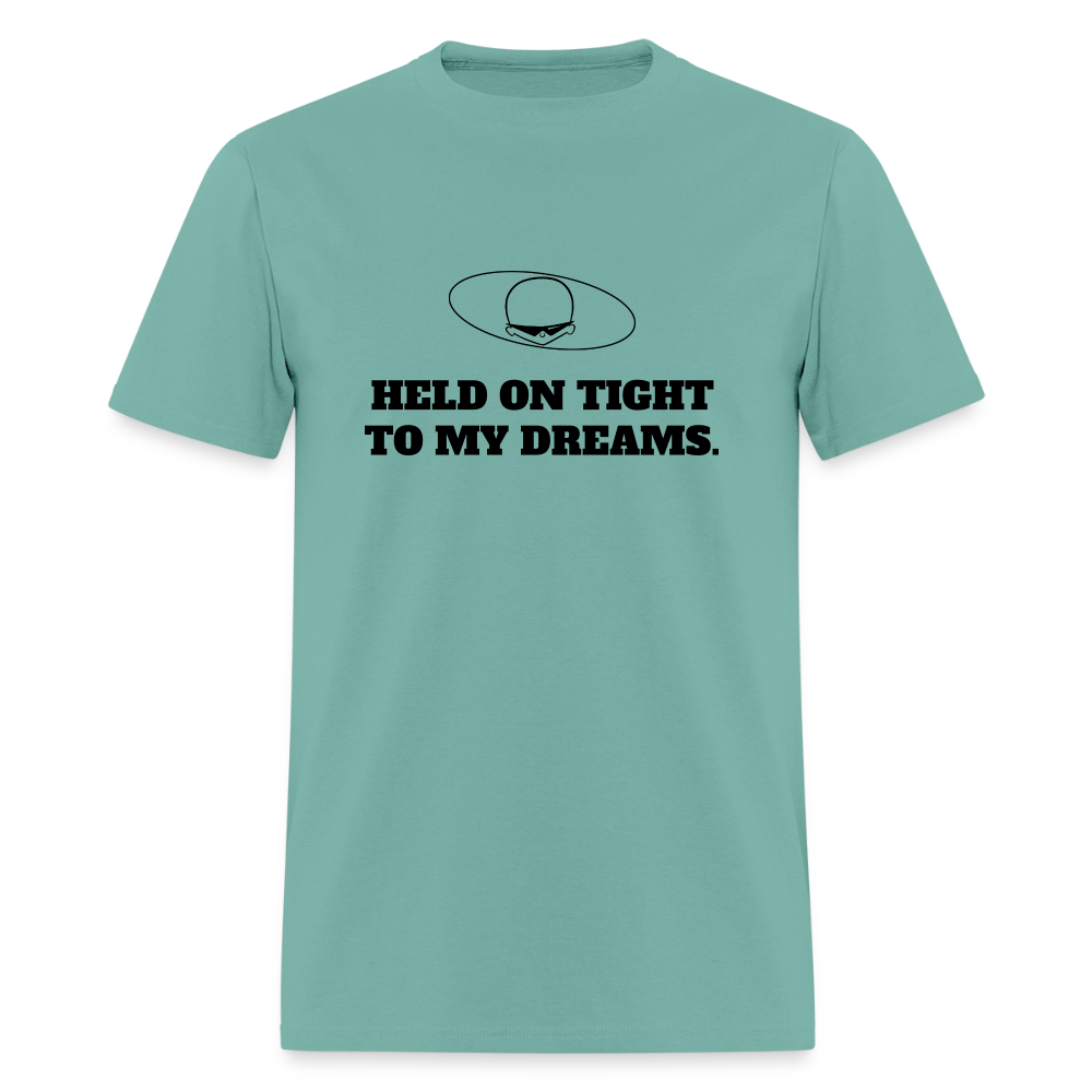1980s "HELD ON TIGHT TO MY DREAMS." Pop Progeny T-Shirt (Dark on Light) - aquatic