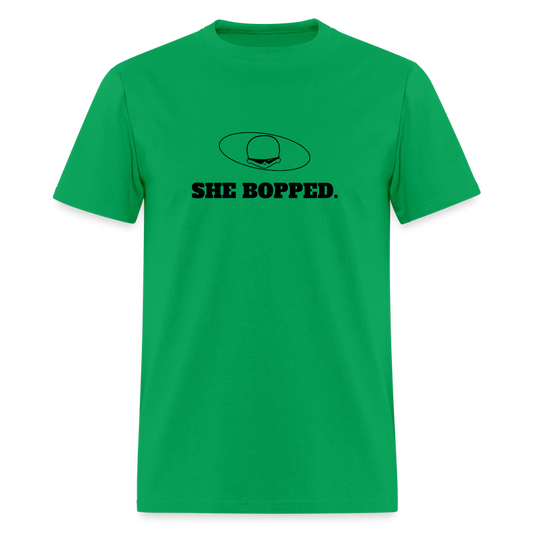 1980s "SHE BOPPED." Pop Progeny T-Shirt (Dark on Light) - bright green