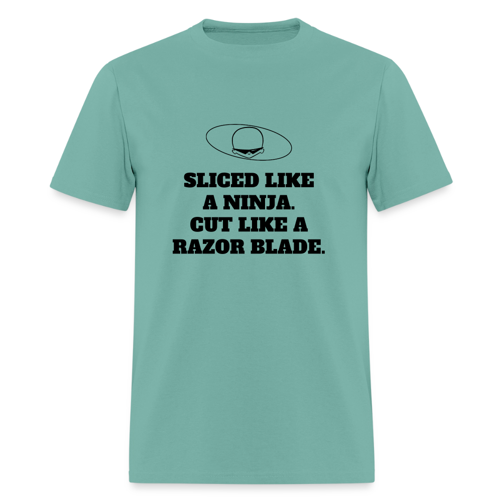 1990s "SLICED LIKE A NINJA. CUT LIKE A RAZOR BLADE." Pop Progeny T-Shirt (Dark on Light) - aquatic