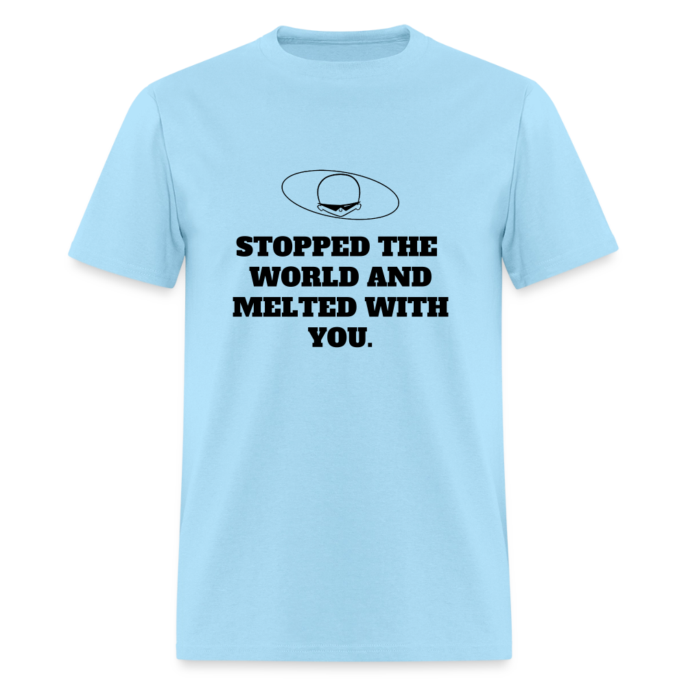 1980s "STOPPED THE WORLD AND MELTED WITH YOU." Pop Progeny T-Shirt (Dark on Light) - powder blue