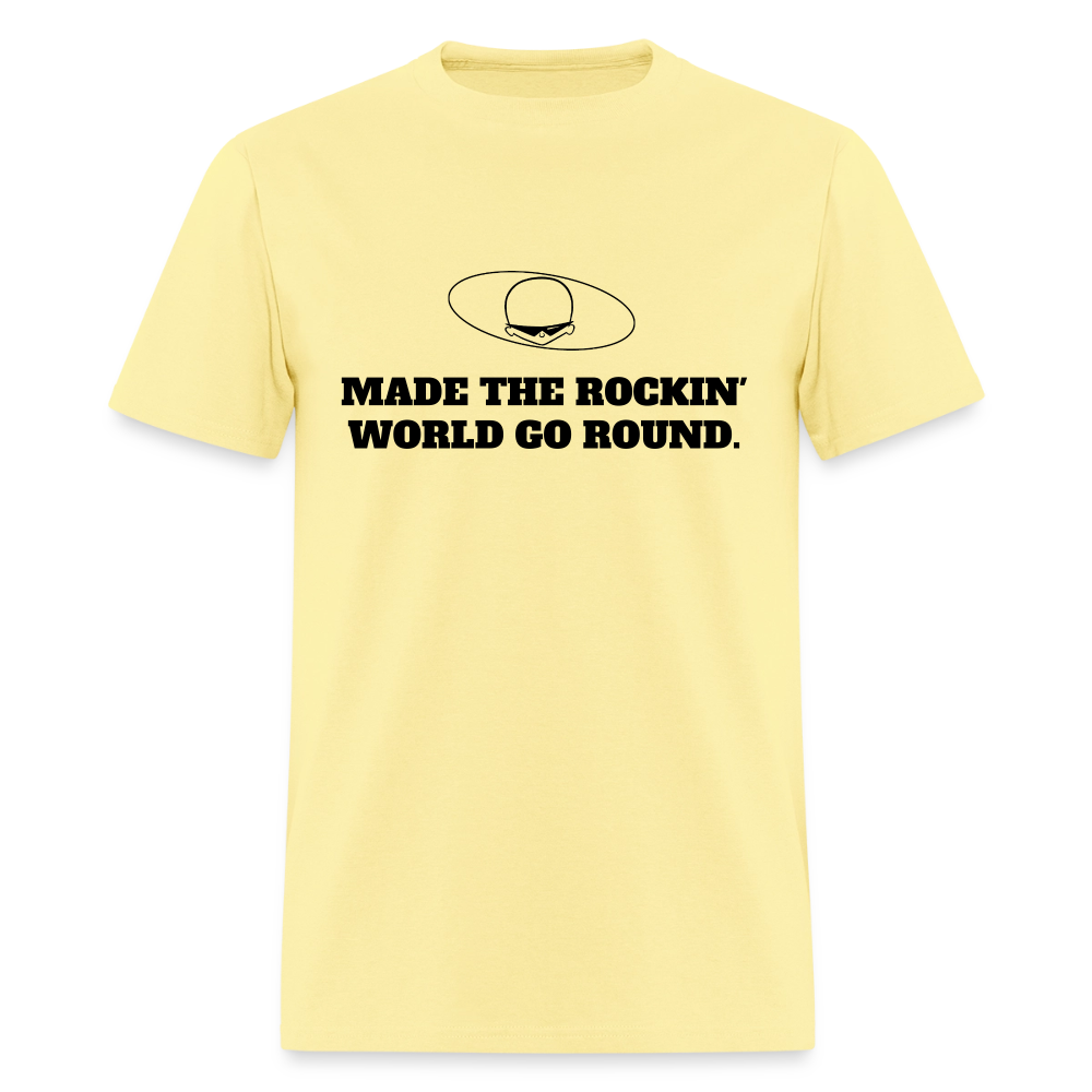 1980s "MADE THE ROCKIN' WORLD GO ROUND." Pop Progeny T-Shirt (Dark on Light) - cornsilk