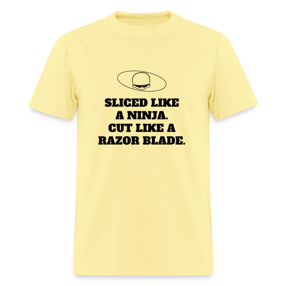1990s "SLICED LIKE A NINJA. CUT LIKE A RAZOR BLADE." Pop Progeny T-Shirt (Dark on Light) - cornsilk
