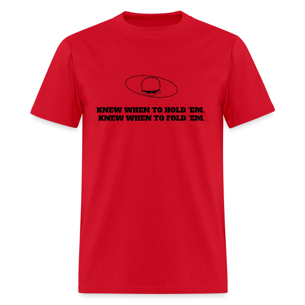 1980s "KNEW WHEN TO HOLD 'EM." Pop Progeny T-Shirt (Dark on Light) - red