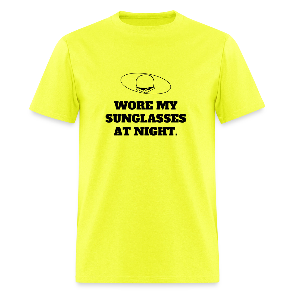 1980s "WORE MY SUNGLASSES AT NIGHT" Pop Progeny T-Shirt (Dark on Light) - safety green