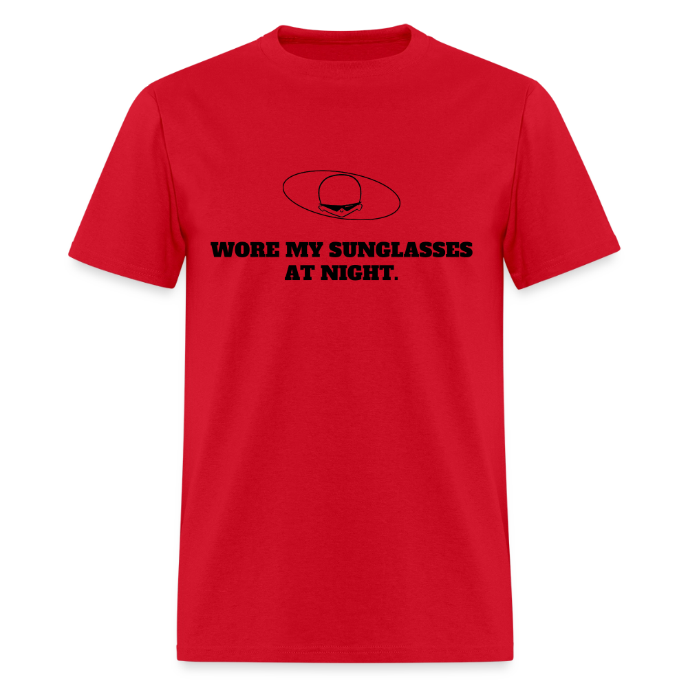 1980s "WORE MY SUNGLASSES AT NIGHT" Pop Progeny T-Shirt (Dark on Light) - red