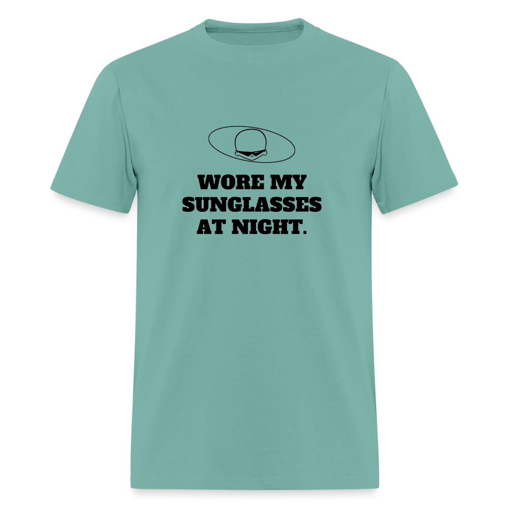 1980s "WORE MY SUNGLASSES AT NIGHT" Pop Progeny T-Shirt (Dark on Light) - aquatic