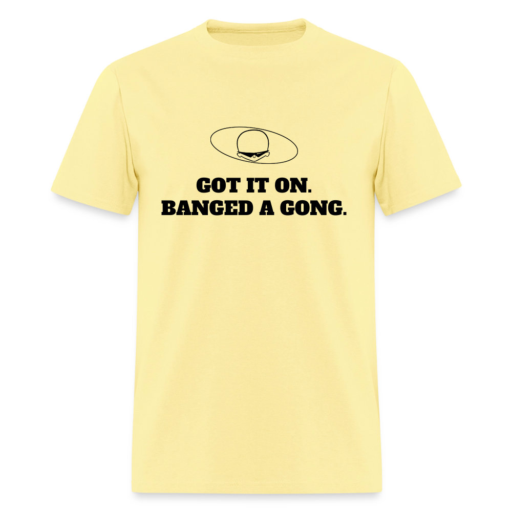 1980s "GOT IT ON. BANGED A GONG." Pop Progeny T-Shirt (Dark on Light) - cornsilk