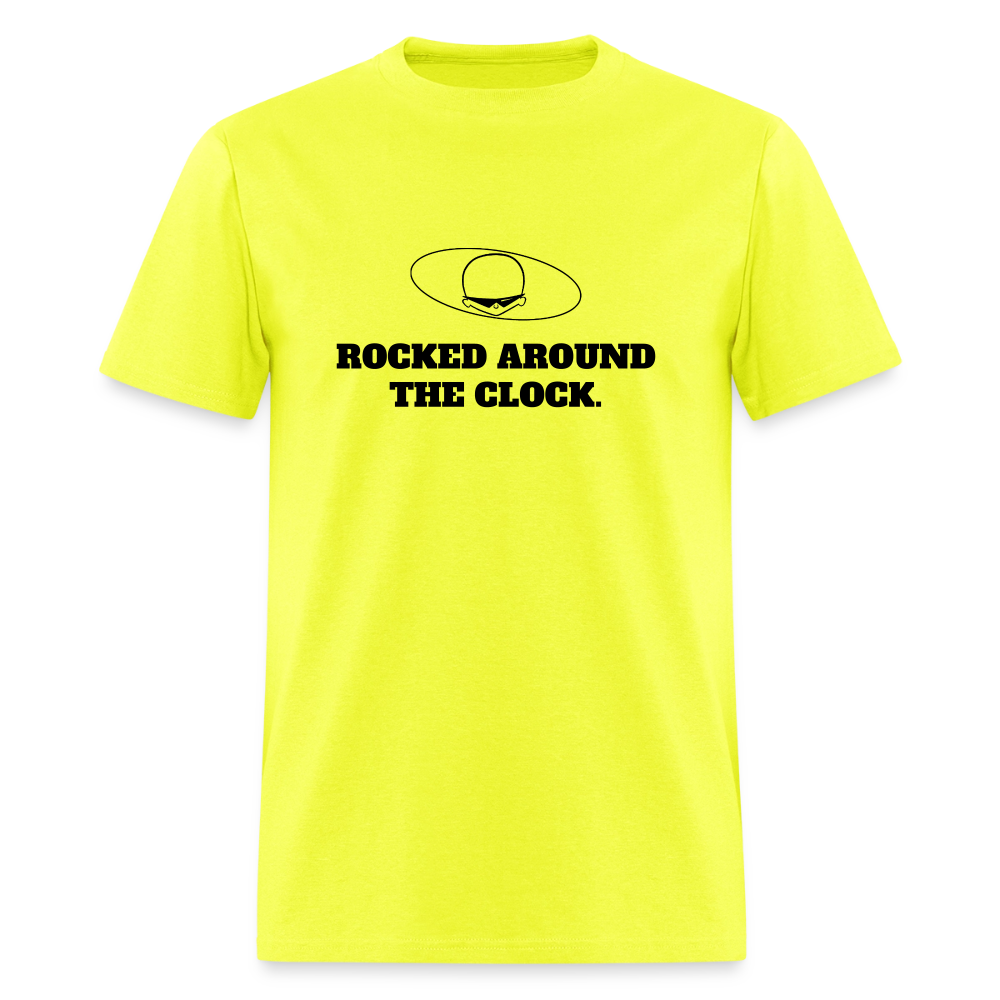 1950s "ROCKED AROUND THE CLOCK." Pop Progeny T-Shirt (Dark on Light) - safety green