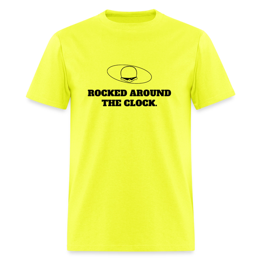 1950s "ROCKED AROUND THE CLOCK." Pop Progeny T-Shirt (Dark on Light) - safety green