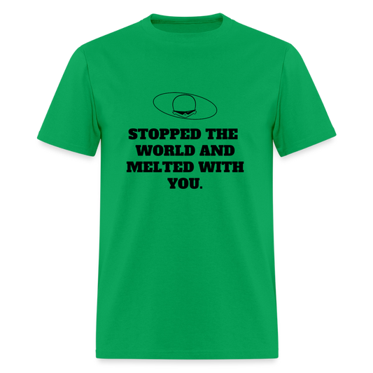 1980s "STOPPED THE WORLD AND MELTED WITH YOU." Pop Progeny T-Shirt (Dark on Light) - bright green