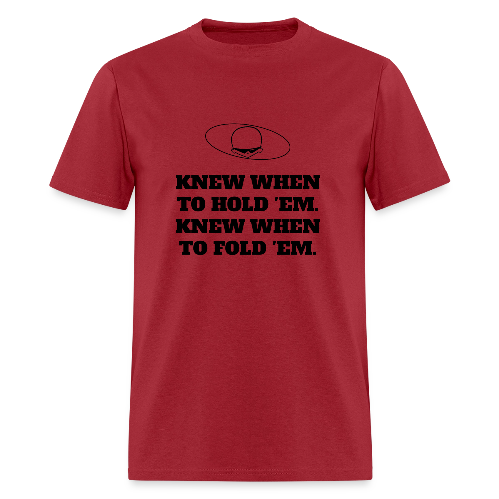 1980s "KNEW WHEN TO HOLD 'EM." Pop Progeny T-Shirt (Dark on Light) - true red