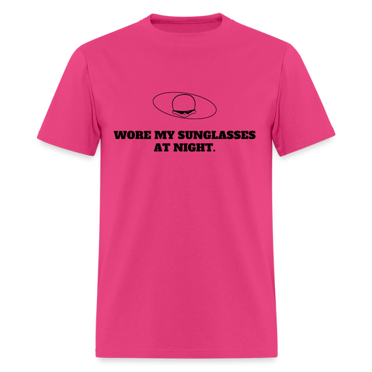 1980s "WORE MY SUNGLASSES AT NIGHT" Pop Progeny T-Shirt (Dark on Light) - fuchsia