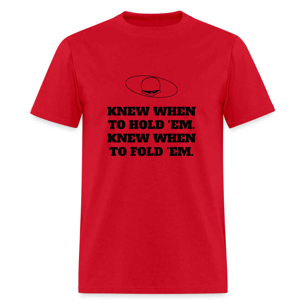 1980s "KNEW WHEN TO HOLD 'EM." Pop Progeny T-Shirt (Dark on Light) - red