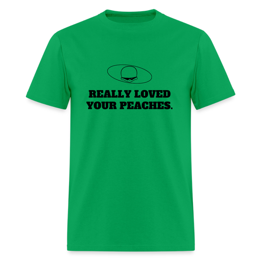 1970s "REALLY LOVED YOUR PEACHES." Pop Progeny T-Shirt (Dark on Light) - bright green
