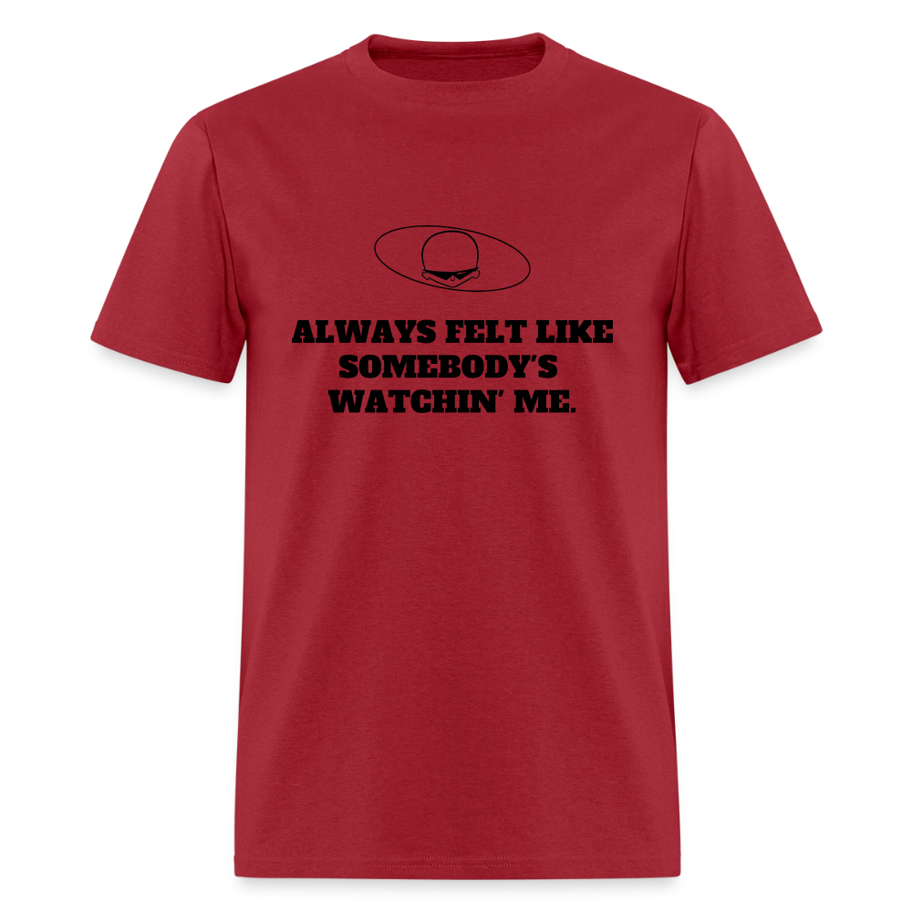 1980s "ALWAYS FELT LIKE SOMEBODY'S WATCHIN' ME." Pop Progeny T-Shirt (Dark on Light) - dark red