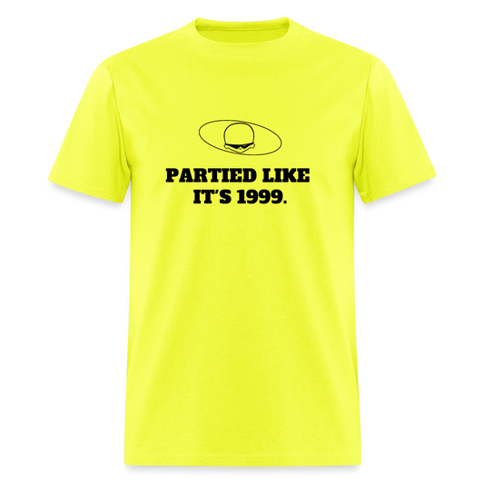1980s "PARTIED LIKE IT'S 1999." Pop Progeny T-Shirt (Dark on Light) - safety green