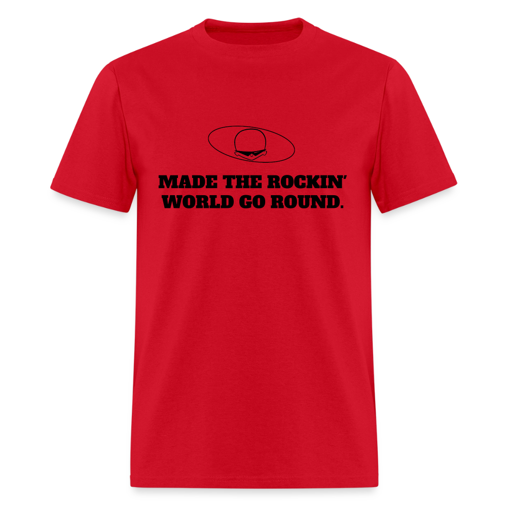 1980s "MADE THE ROCKIN' WORLD GO ROUND." Pop Progeny T-Shirt (Dark on Light) - red