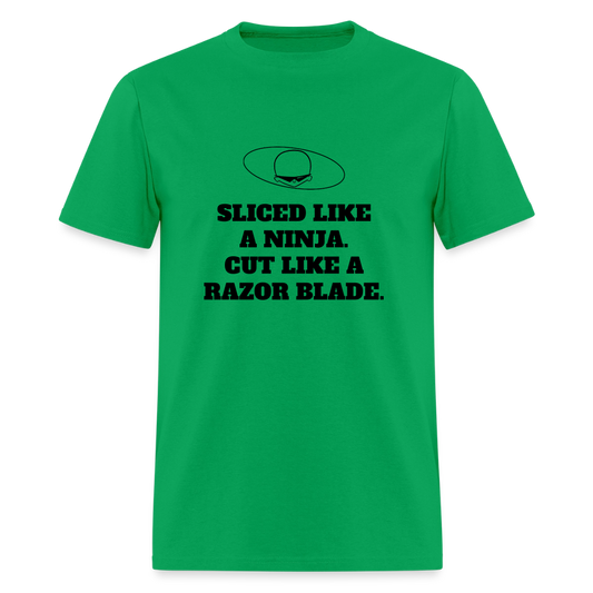 1990s "SLICED LIKE A NINJA. CUT LIKE A RAZOR BLADE." Pop Progeny T-Shirt (Dark on Light) - bright green