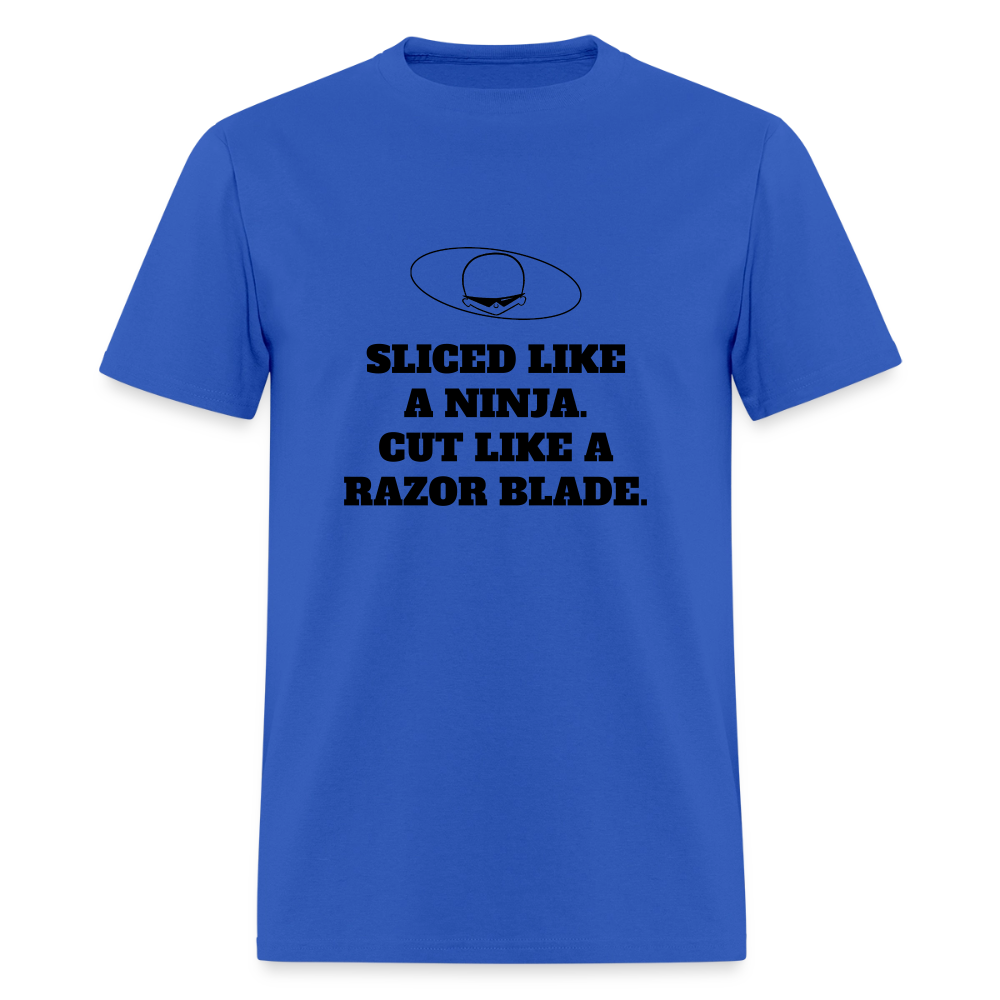 1990s "SLICED LIKE A NINJA. CUT LIKE A RAZOR BLADE." Pop Progeny T-Shirt (Dark on Light) - royal blue