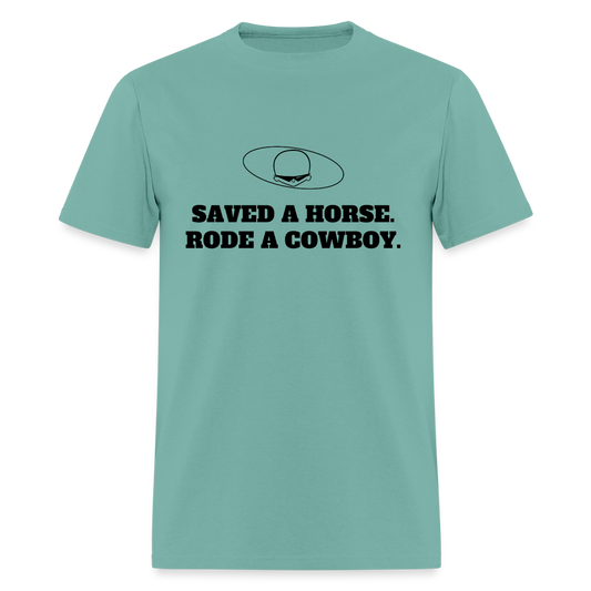 2000s "SAVED A HORSE. RODE A COWBOY" Pop Progeny T-Shirt (Dark on Light) - aquatic