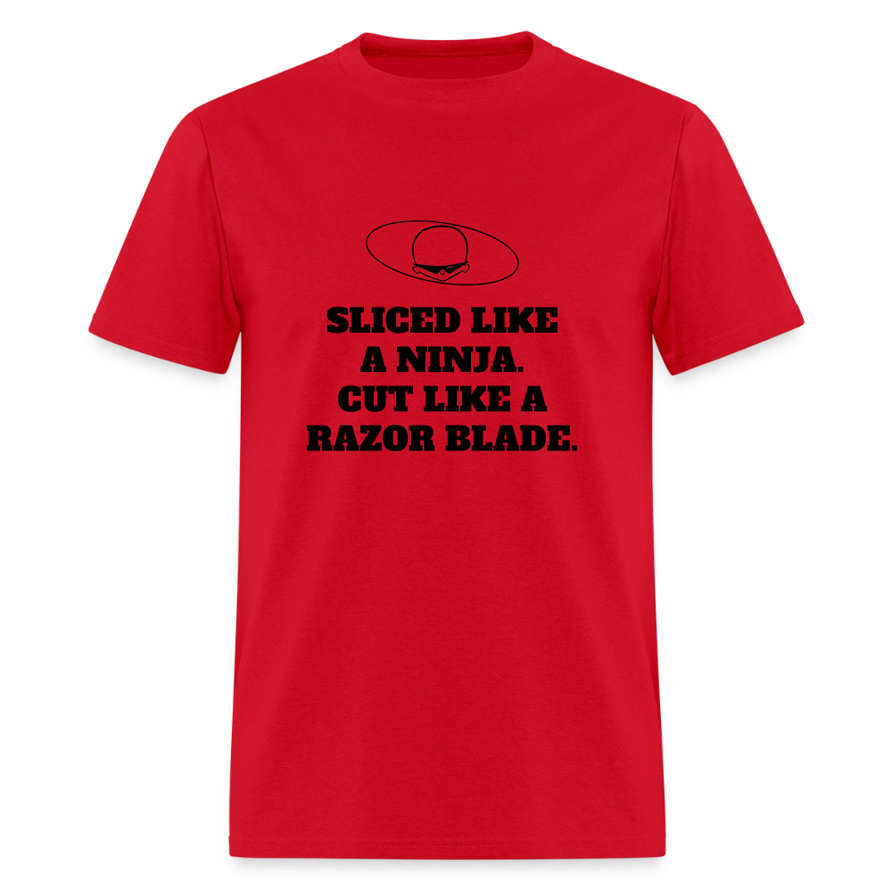1990s "SLICED LIKE A NINJA. CUT LIKE A RAZOR BLADE." Pop Progeny T-Shirt (Dark on Light) - red