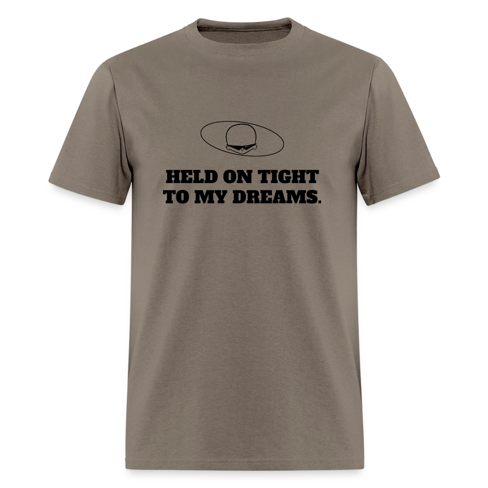 1980s "HELD ON TIGHT TO MY DREAMS." Pop Progeny T-Shirt (Dark on Light) - safari