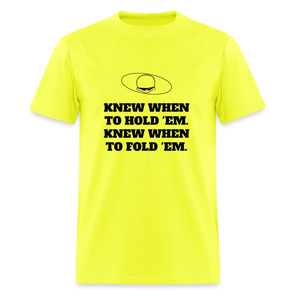 1980s "KNEW WHEN TO HOLD 'EM." Pop Progeny T-Shirt (Dark on Light) - safety green