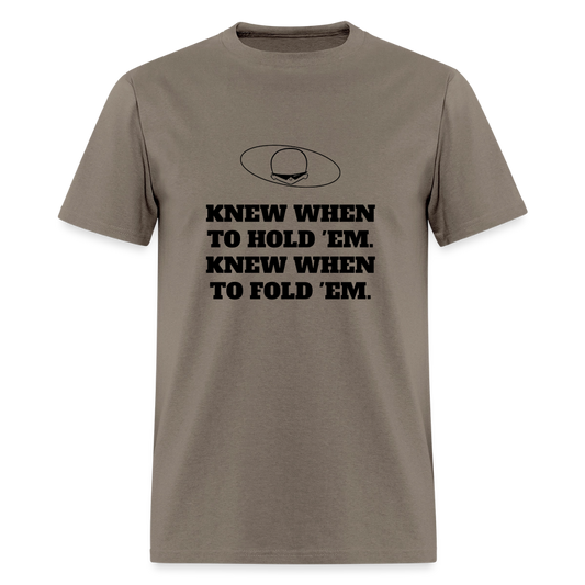 1980s "KNEW WHEN TO HOLD 'EM." Pop Progeny T-Shirt (Dark on Light) - safari
