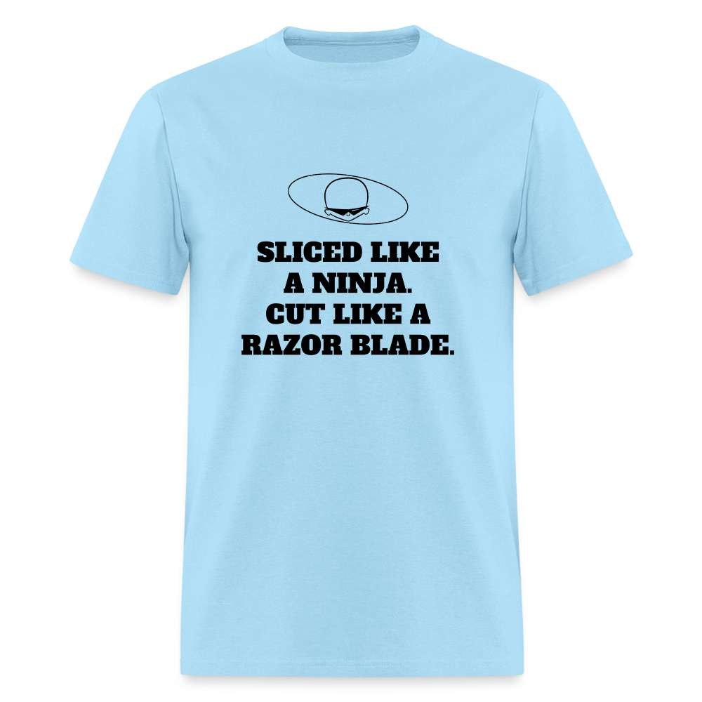 1990s "SLICED LIKE A NINJA. CUT LIKE A RAZOR BLADE." Pop Progeny T-Shirt (Dark on Light) - powder blue