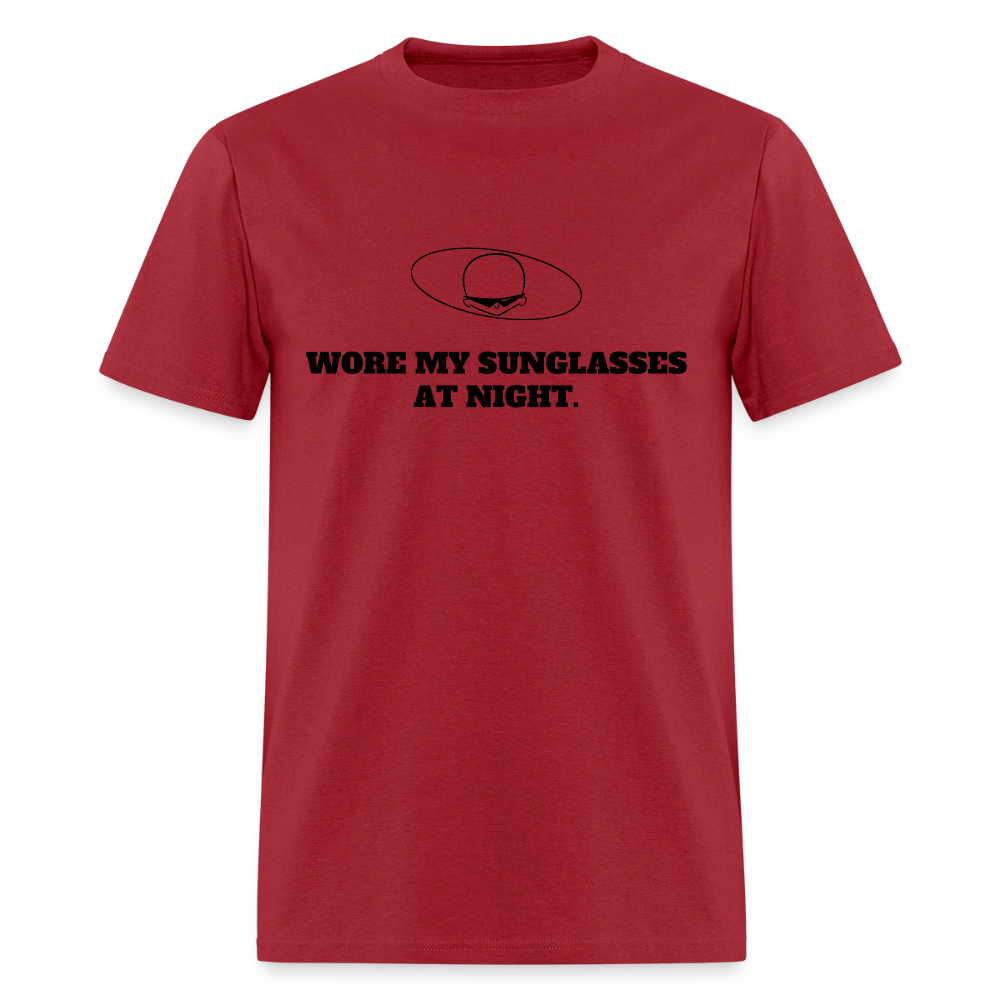 1980s "WORE MY SUNGLASSES AT NIGHT" Pop Progeny T-Shirt (Dark on Light) - dark red
