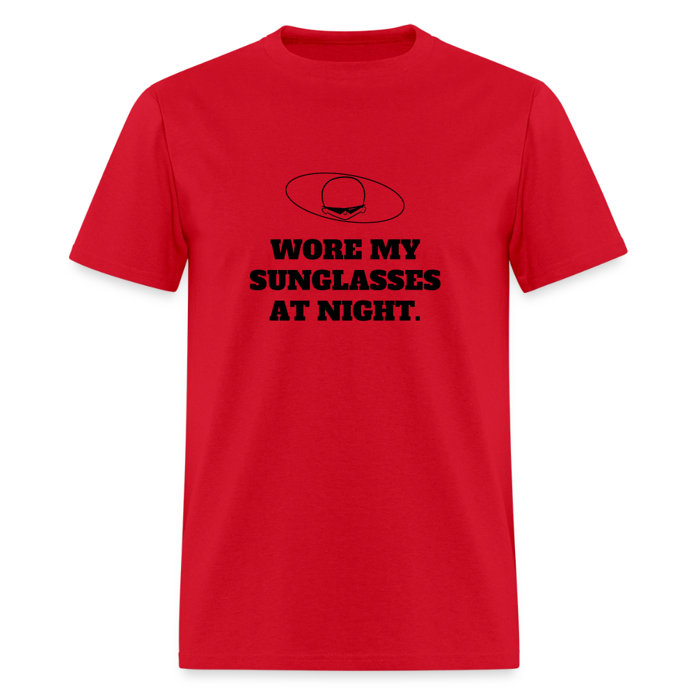 1980s "WORE MY SUNGLASSES AT NIGHT" Pop Progeny T-Shirt (Dark on Light) - red