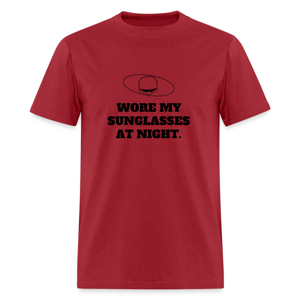 1980s "WORE MY SUNGLASSES AT NIGHT" Pop Progeny T-Shirt (Dark on Light) - true red