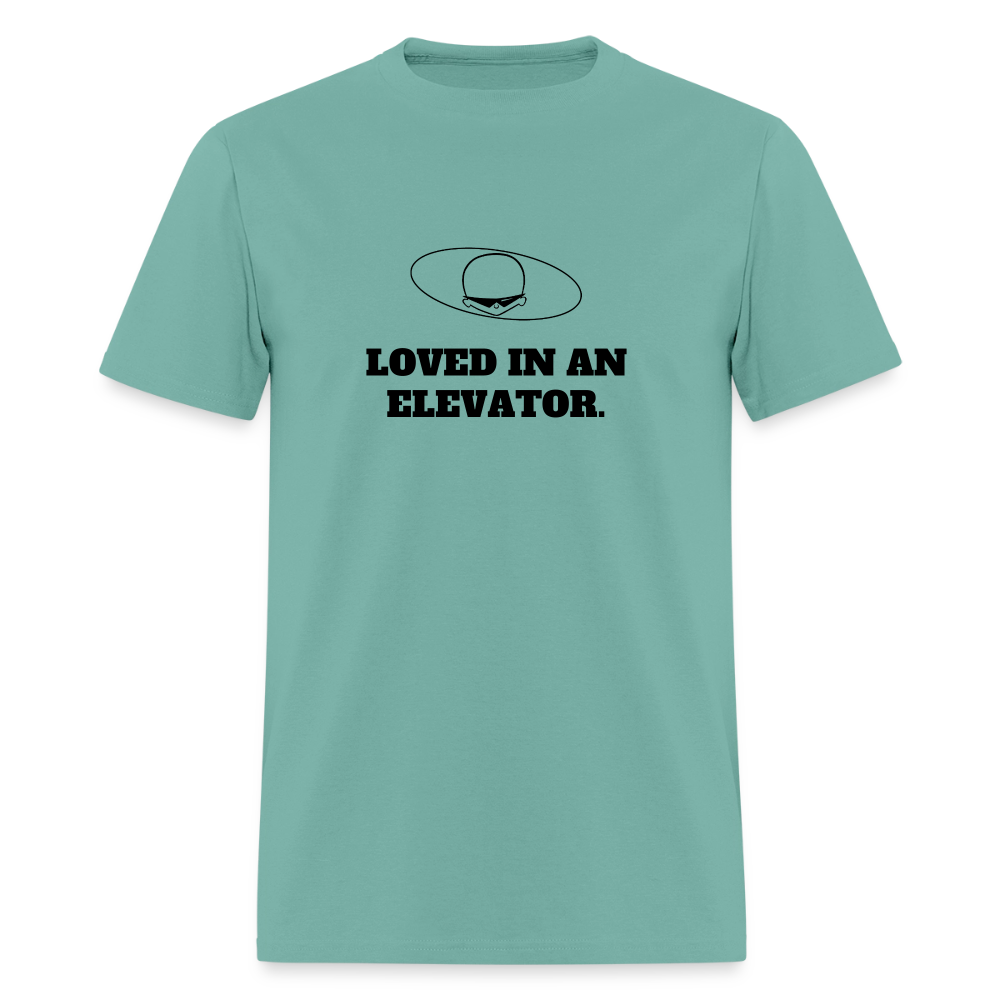 1980s "LOVED IN AN ELEVATOR." Pop Progeny T-Shirt (Dark on Light) - aquatic