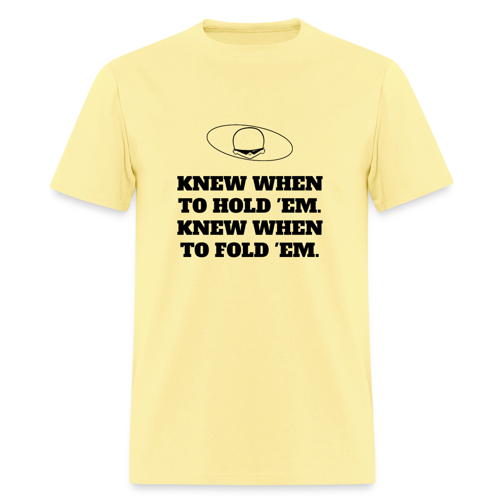 1980s "KNEW WHEN TO HOLD 'EM." Pop Progeny T-Shirt (Dark on Light) - cornsilk