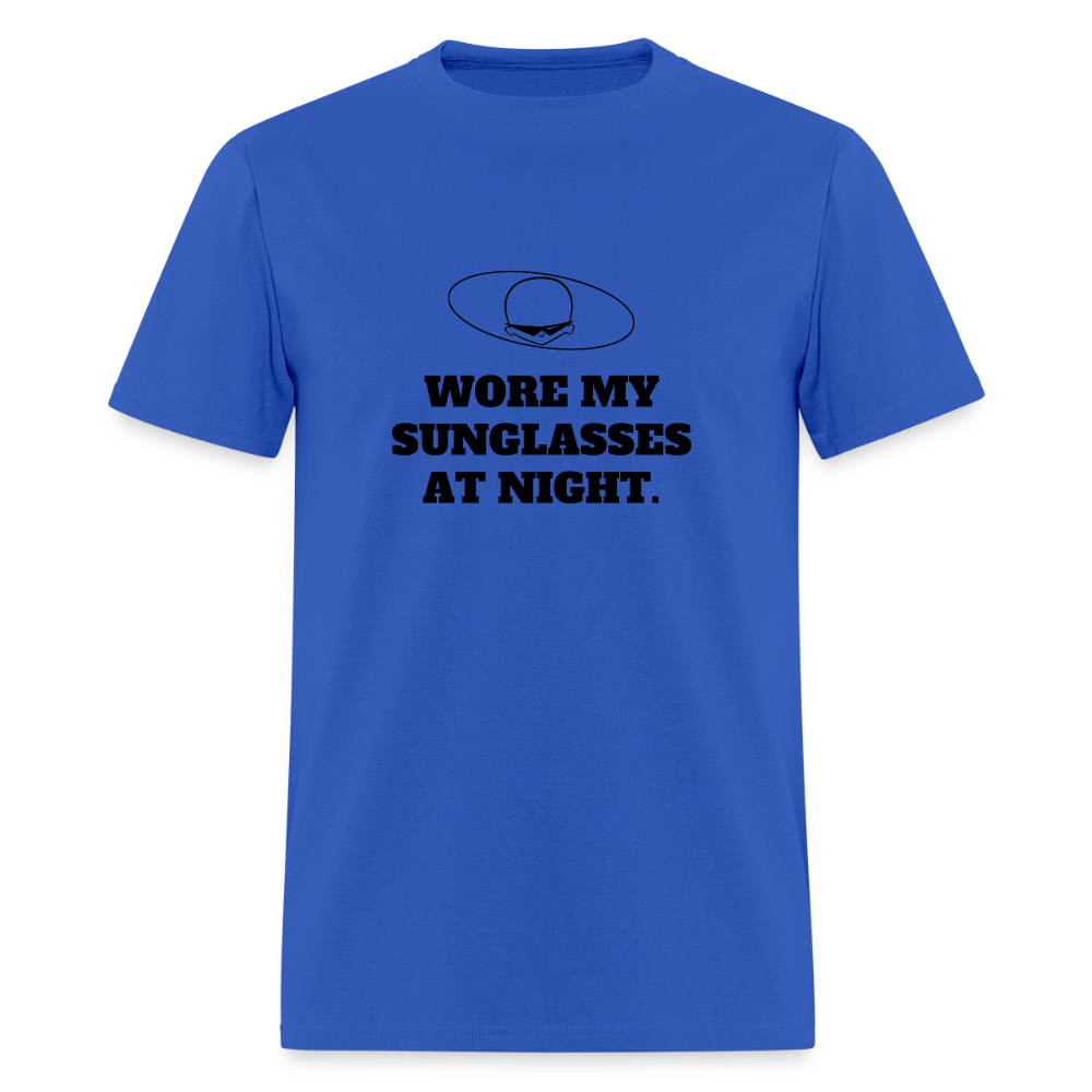 1980s "WORE MY SUNGLASSES AT NIGHT" Pop Progeny T-Shirt (Dark on Light) - royal blue